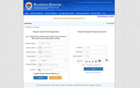 Regular Students - KUK - Online Examination Form