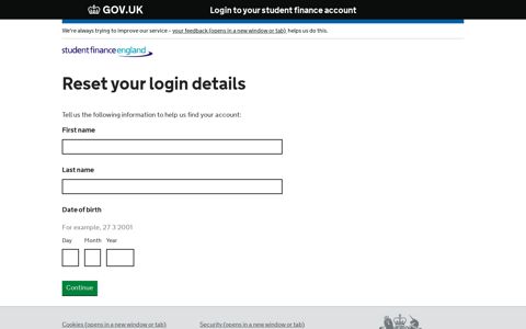 Reset your login details - Student Finance England