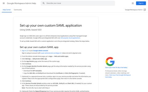 Set up your own custom SAML application - Google Support