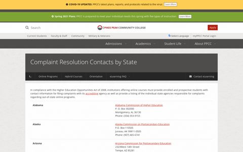 Complaint Resolution Contacts by State :: Pikes Peak ...
