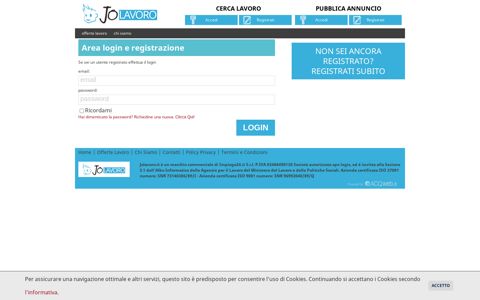 Area login e registrazione - JoLavoro