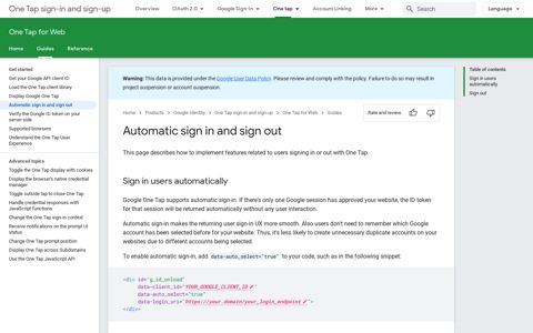 Automatic sign in and sign out | One Tap for Web | Google ...