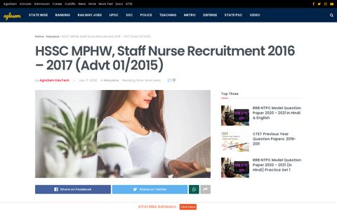 HSSC MPHW, Staff Nurse Recruitment 2016 - 2017 (Advt 01 ...