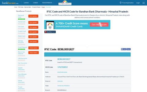 Bandhan Bank Dharmsala IFSC Code Kangra - HP
