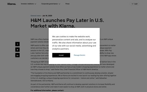 H&M Launches Pay Later in U.S. Market with Klarna.