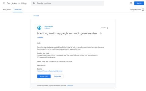 i can`t log in with my google account in game launcher ...