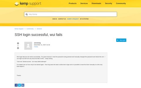 SSH login successful, wui fails – Kemp Support