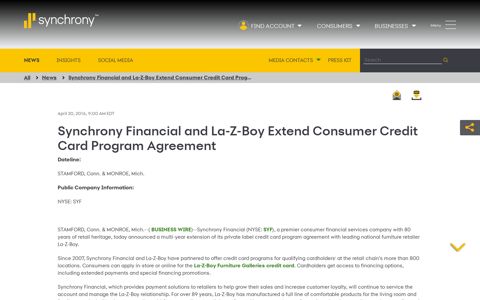 Synchrony Financial and La-Z-Boy Extend Consumer Credit ...