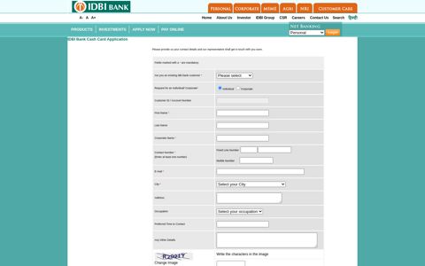 IDBI Bank Cash Card Application