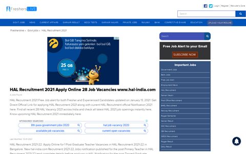 HAL Recruitment 2020 Apply Online 1 Job Vacancies ...