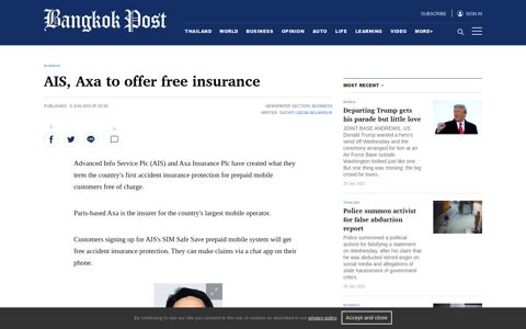 AIS, Axa to offer free insurance - Bangkok Post