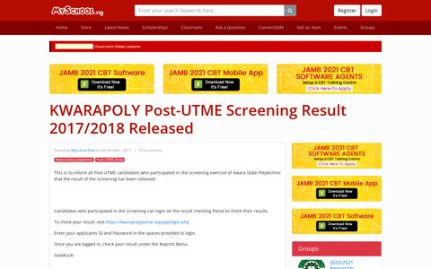 KWARAPOLY Post-UTME Screening Result 2017/2018 ...