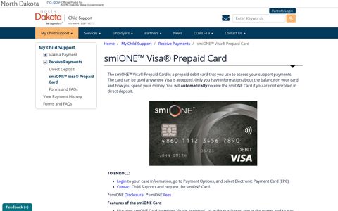 smiONE™ Visa® Prepaid Card | Child Support, North Dakota
