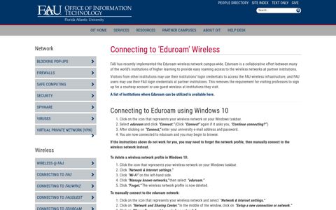 Connecting to 'Eduroam' Wireless - Florida Atlantic University