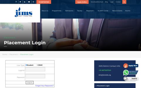 JIMS Rohini placement login panel | MBA/PDGM Placements