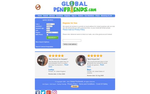 Registration Page for Global Penfriends