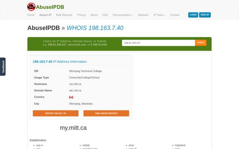 WHOIS 198.163.7.40 | Winnipeg Technical College | AbuseIPDB