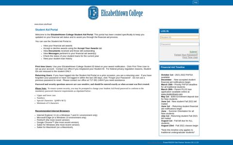 (Office of Financial Aid) Student Log In - Elizabethtown College