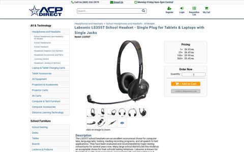 Labsonic LS355T School Headset - Single Plug for Tablets ...