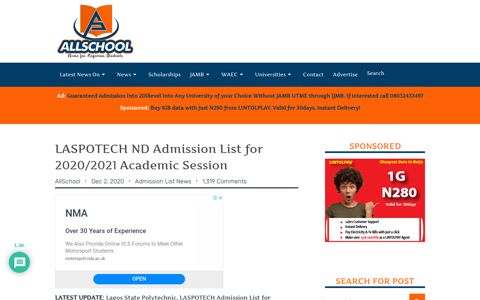 LASPOTECH ND Admission List 2020/2021 Session - Allschool