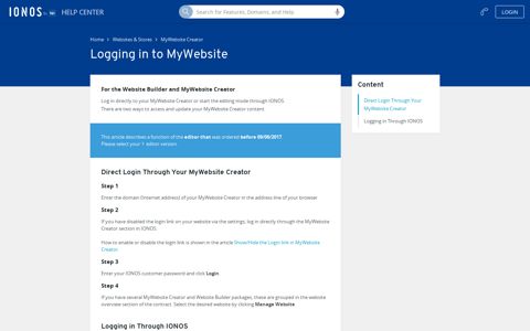 Login (Registration) MyWebsite Creator - IONOS Help