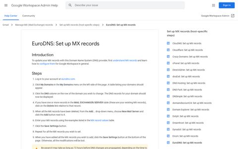 EuroDNS: Set up MX records - Google Workspace Admin Help