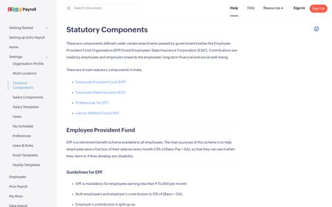 Settings - Statutory Components | Zoho Payroll