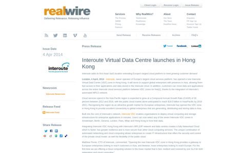 Interoute Virtual Data Centre launches in Hong Kong - RealWire