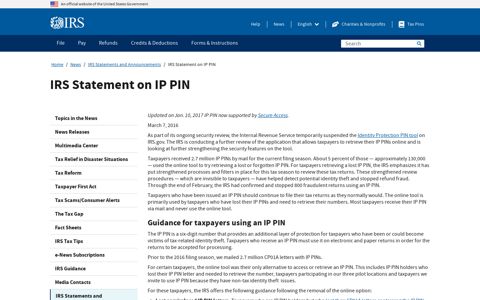 IRS Statement on IP PIN | Internal Revenue Service