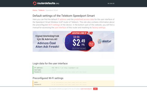 Default settings of the Telekom Speedport Smart