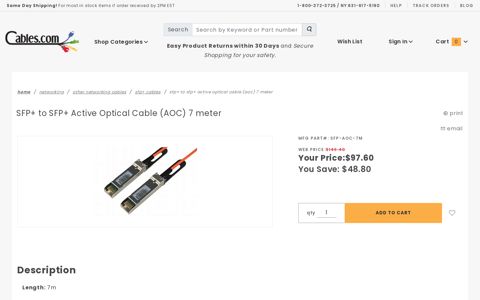 SFP+ to SFP+ Active Optical Cable (AOC) 7 meter - Cables: 1 ...