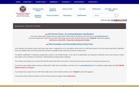 Self Service Portal - for existing Members and Students - ICAI