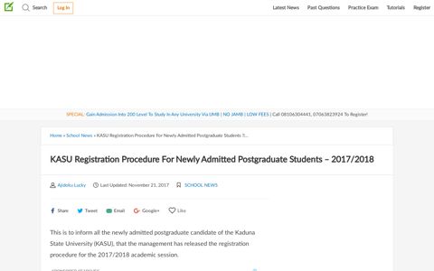KASU Registration Procedure For Newly Admitted ...