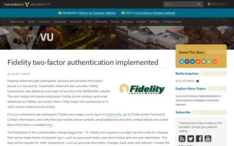 Fidelity two-factor authentication implemented - Vanderbilt News