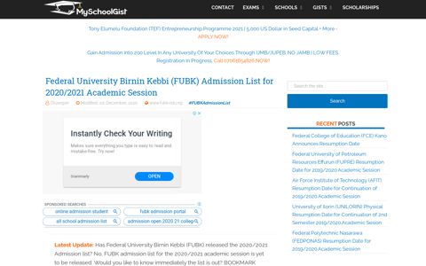 FUBK Admission List for 2020/2021 Session - MySchoolGist