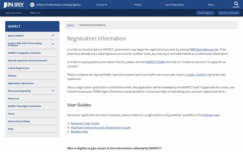 INSPECT: Registration Information - IN.gov