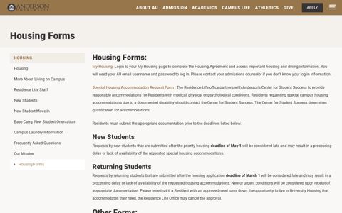 Housing Forms | Anderson University