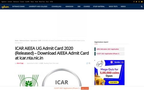 ICAR AIEEA UG Admit Card 2020 (Released) - Download ...
