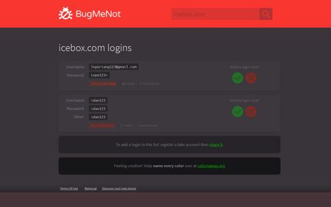 icebox.com passwords - BugMeNot