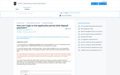 How can I login to the application portal after deposit payment ...