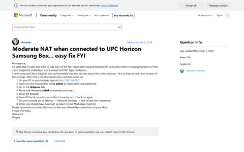 Moderate NAT when connected to UPC Horizon Samsung ...