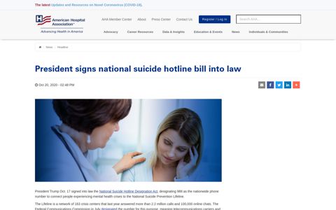 President signs national suicide hotline bill into law | AHA News