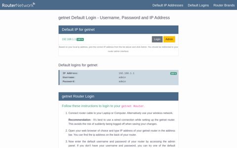 getnet Default Router Login and Password - Router Network