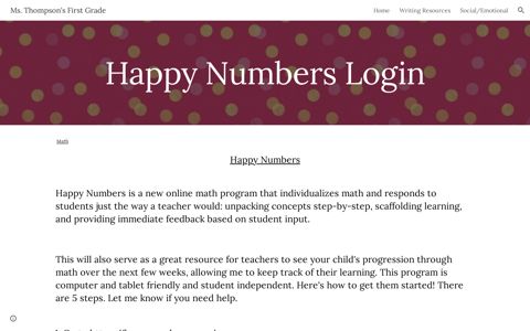 Ms. Thompson's First Grade - Happy Numbers Login