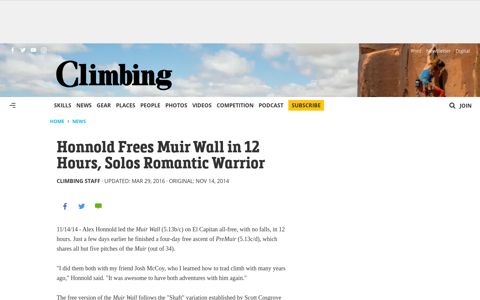 Honnold Frees Muir Wall in 12 Hours, Solos Romantic Warrior ...