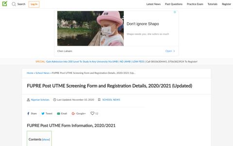 FUPRE Post UTME Screening Form and Registration Details ...