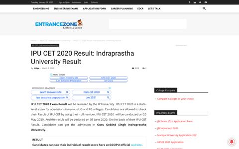 IPU CET 2020 Result: Indraprastha University Result