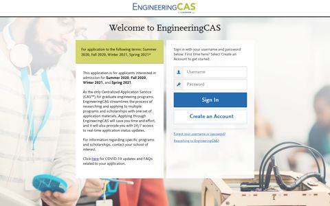 EngineeringCAS | Applicant Login Page Section