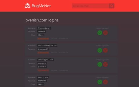 ipvanish.com logins - BugMeNot