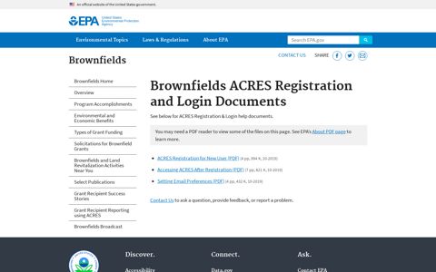 Brownfields ACRES Registration and Login Documents - EPA